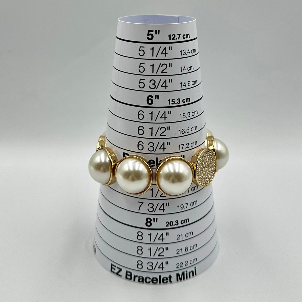 Chunky Faux Pearl Rhinestone Stretch Bracelet Gold Tone Statement Dome Bling - Picture 3 of 7